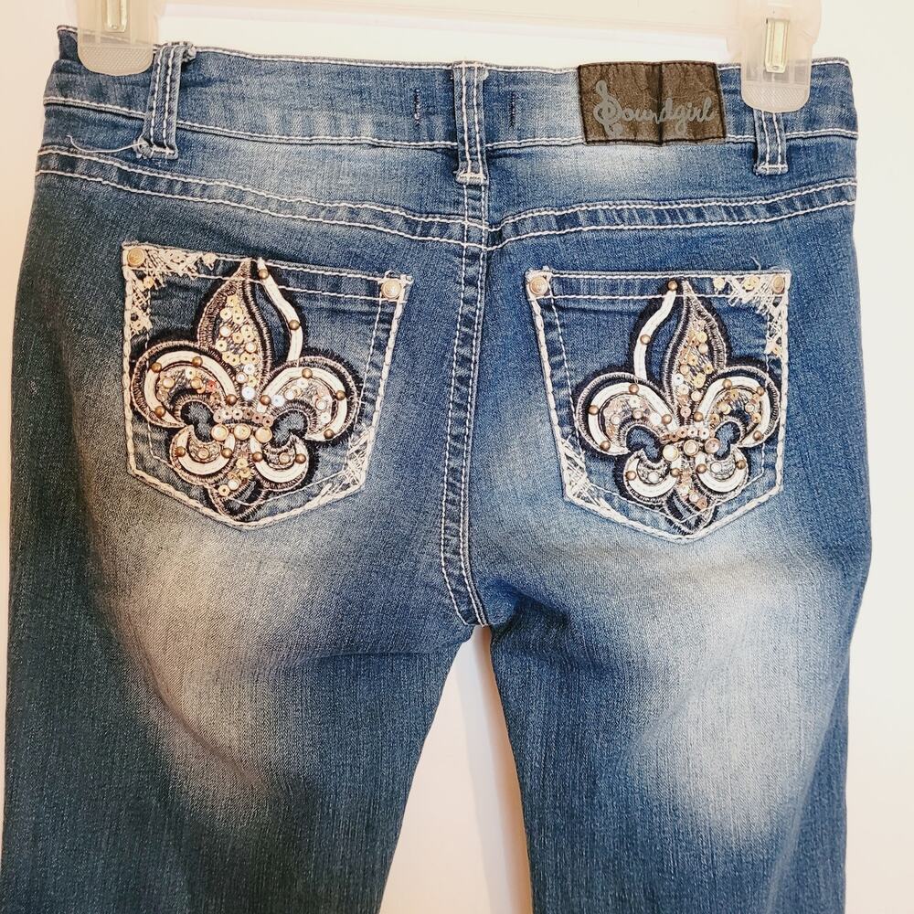 Soundgirl bootcut embellished rhinestone pocket Y2K blue jeans Sz 9/30 Western